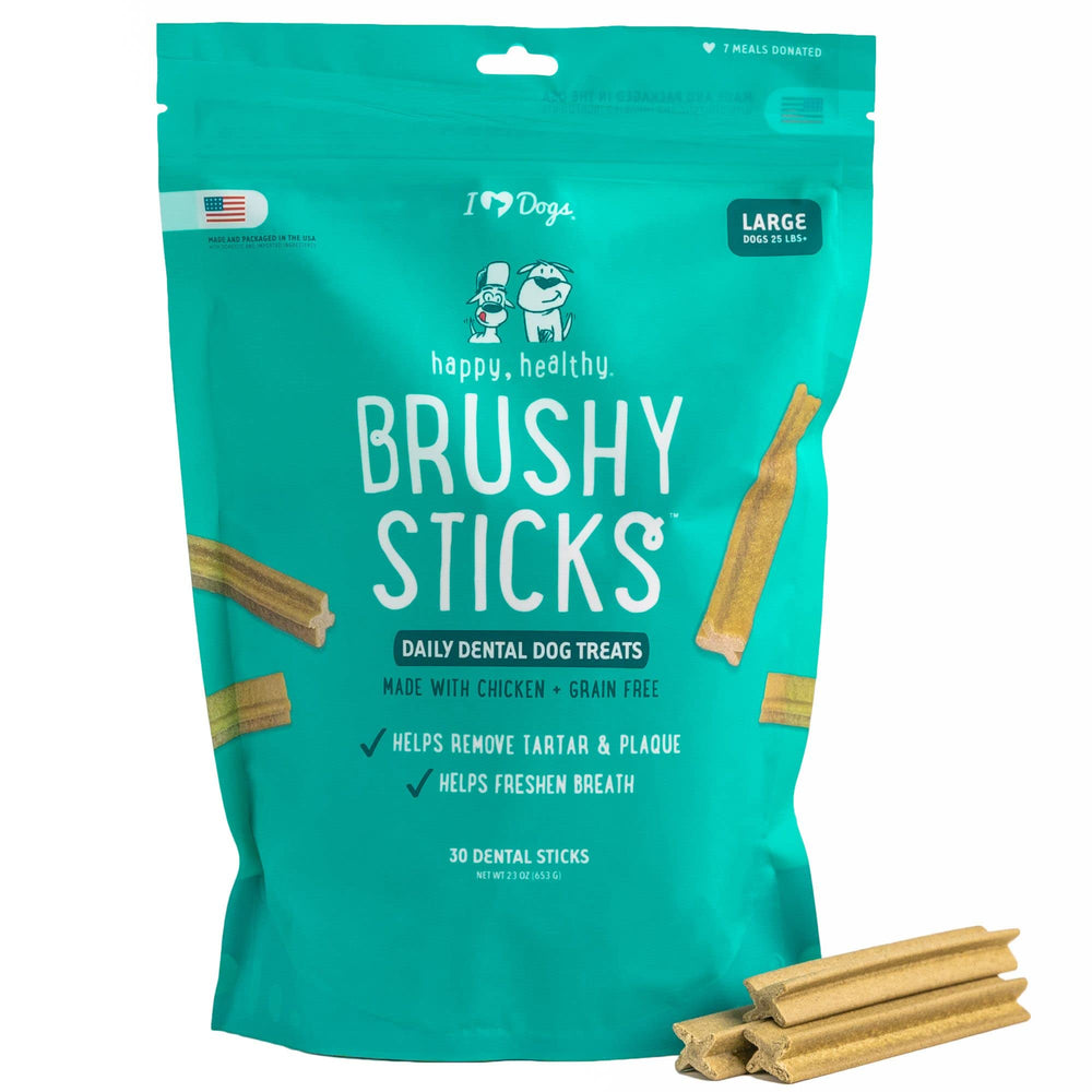 iHeartDogs Brushy Sticks packaging—convenient dental care for dogs on the go.