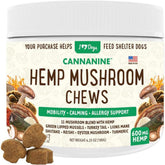 iHeartDogs Hemp Mushroom Chews pack shot promoting mobility support for dogs