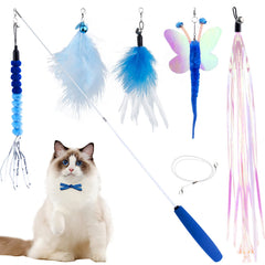 iKOIHO Cat Wand Toy blue with retractable pole for interactive play and exercise.