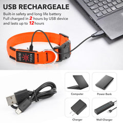 Illumifun light-up dog collar orange USB recharge cable image emphasizes easy charging.