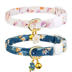 FYEQYAOU 2-Pack Cotton Breakaway Cat Collar – White & Blue Floral with Bell