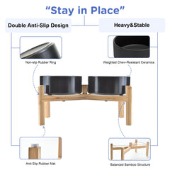 SPUNKYJUNKY Elevated Dog Bowls Ceramic, 7.3'' Dogs Food Water Bowls Raised with Non-Slip Bamboo Stand for Medium to Large Sized Breed Microwave Dishwasher Safe - 42 OZ,Black