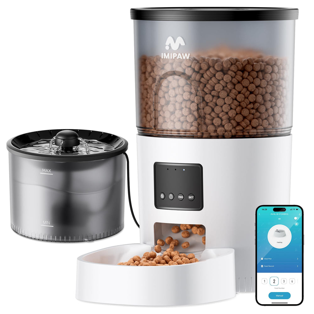 IMIPAW 5G WiFi automatic feeder front view highlighting remote scheduling for consistent meals.