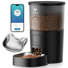 IMIPAW automatic cat feeder front view with stainless steel bowl for easy feeding.