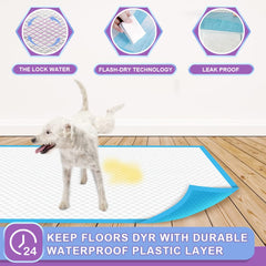 IMMCUTE Puppy Pad 6-layer protection illustrates enhanced absorption and leak prevention.