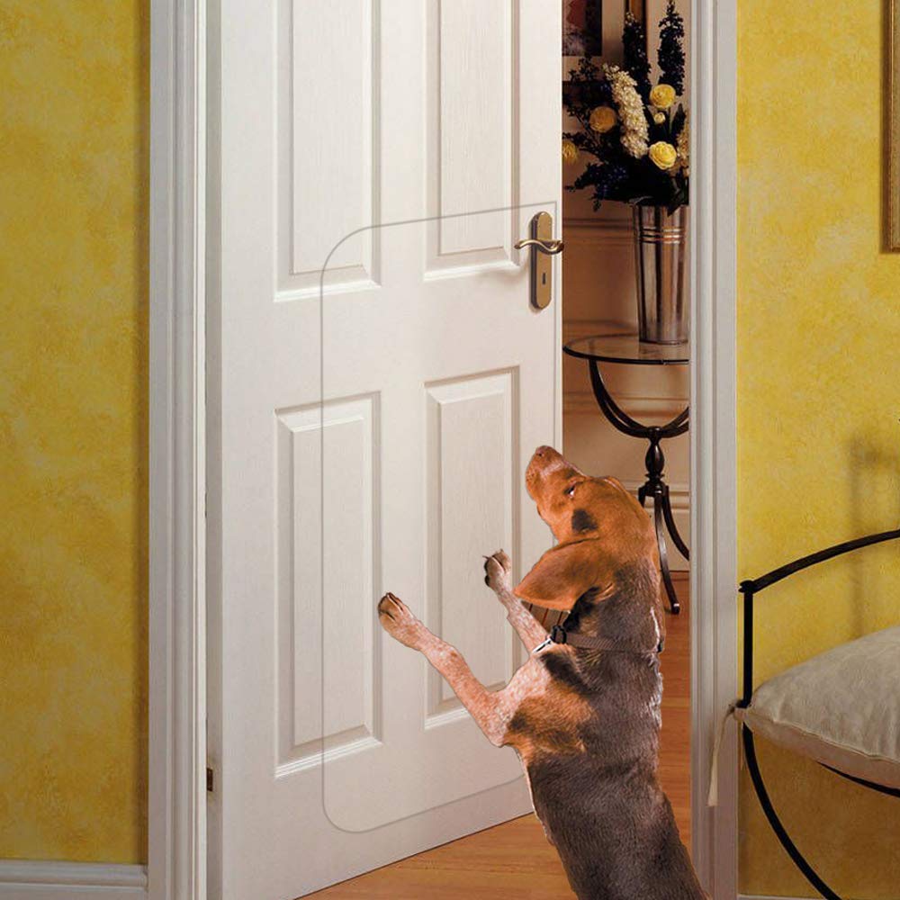 In hand Clear Pet Door Scratch Protector Shield on door front protecting furniture from claws