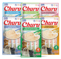 INABA Churu tube-pack closeup highlights a high-moisture, low-calorie cat treat in a convenient package.