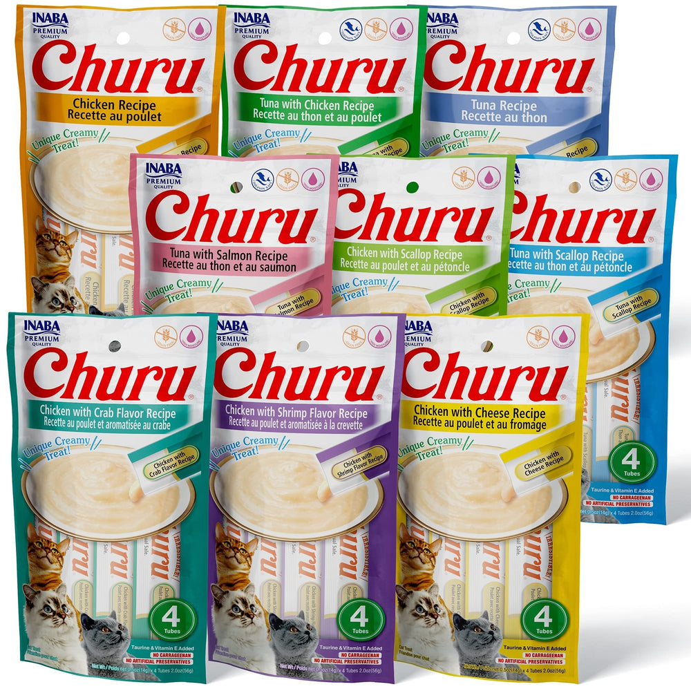 INABA Churu tubes packaged in a 36-count box for quick, mess-free treats.