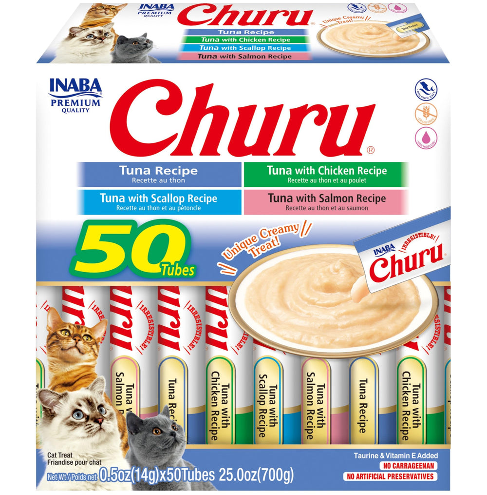 INABA Churu tuna purée tube closeup highlighting high moisture and low calories.