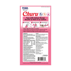 INABA Churu tuna-salmon cream closeup shows creamy lickable texture for interactive feeding.