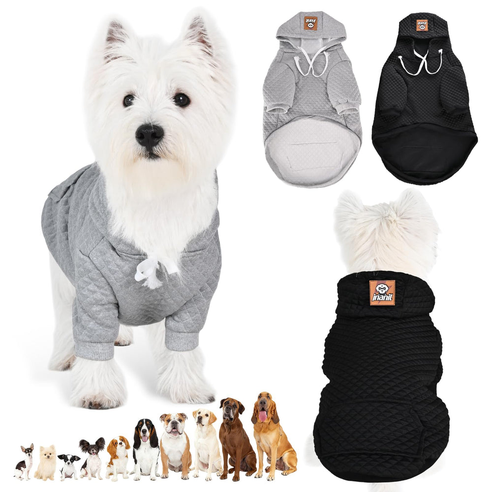 Inanil dog hoodie front view in black shows soft warmth for chilly walks.
