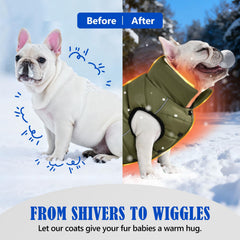 inanil dog winter puffer olive back view highlights reflective strips for visibility.