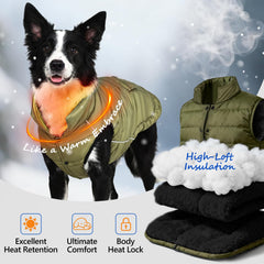 Inanil dog winter puffer olive back view highlights weather-ready outer shell