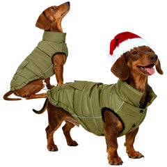inanil dog winter puffer olive front view with adjustable fit for small to medium dogs.