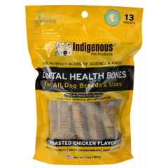 Indigenous chicken-flavor dental bones dog treats in a 2-pack; supports daily dental care.