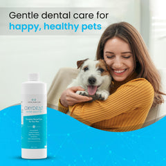 Infinite Health Labs Oxydent bottle in a pet water bowl supports dental care.