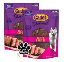 InPrimeTime Cadet Duck Breast Treat Bag showing premium dog snack for training rewards