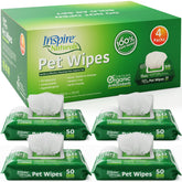 Inspire Naturals pet wipes package front showing 4-pack for easy on-the-go cleansing.