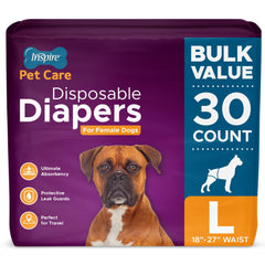 Inspire Pet Care dog diapers bulk pack front view showing bulk value and secure fit.