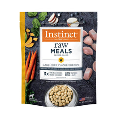 Instinct Freeze-Dried Raw Meals bag shows shelf-stable, protein-forward dog food for lean muscles.