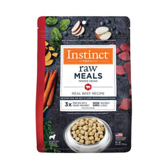 Instinct Freeze-Dried Raw Meals beef bag demonstrates real meat for lean muscle support.