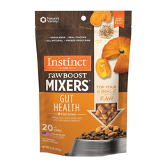 Instinct Raw Boost Gut Health Topper bag-front shows freeze-dried pieces for digestive support