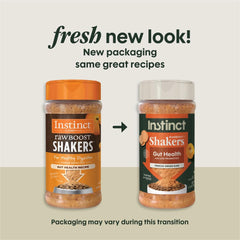 Instinct Raw Boost Shakers bottle label closeup highlights freeze-dried raw nutrition.