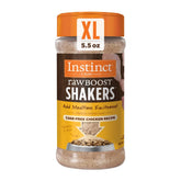 Instinct Raw Boost Shakers chicken bottle highlights a protein-packed topper for grain-free meals.