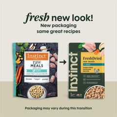 Instinct Raw Meals Freeze-Dried Puppy Chicken bag back highlights nutrient-rich, grain-free recipe.