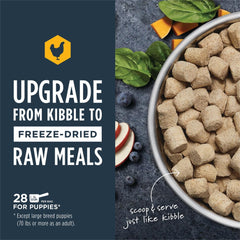 Instinct Raw Meals freeze-dried puppy chicken closeup highlights meat texture and quality.
