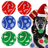 INSUM Christmas dog balls 6-pack closeup shows festive red, green and blue colors for indoor fetch