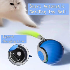 Interactive cat ball toy blue side view highlighting tail-wagging action