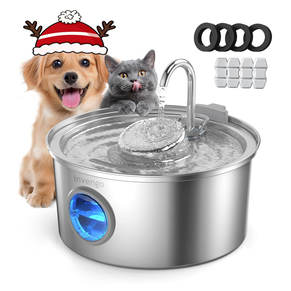 Invengo cat water fountain front view showcases sleek stainless steel and durable construction.