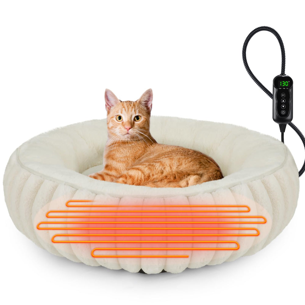 INVENHO donut heated cat bed front view showing plush warmth for cozy lounging.
