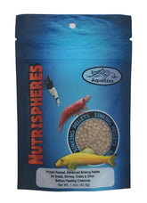 Invert Aquatics NutriSpheres bottle close-up highlighting spirulina-enriched sinking nutrition for shrimp