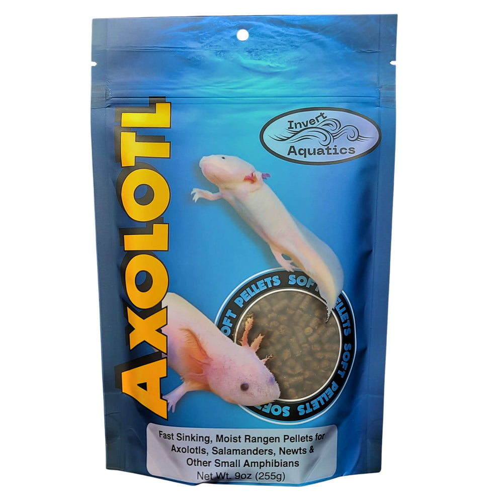 Invert Aquatics soft pellets closeup highlighting quick sinking nutrition for axolotls
