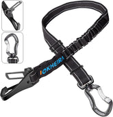 IOKHEIRA dog seatbelt shows dual-buckle design for universal car fit and secure restraint.