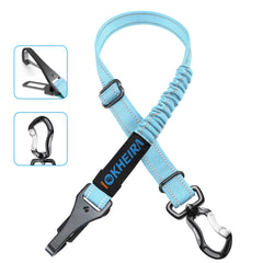 IOKHEIRA dog seat belt with universal buckle shown securing a dog on a road trip