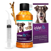 ioVet Oral bottle with dispense demonstrates convenient daily dental care for pets.
