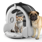 ipettie automatic hair dryer box front view highlighting roomy chamber for cats and small dogs.