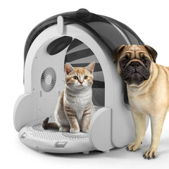 ipettie automatic hair dryer box front view highlighting roomy chamber for cats and small dogs.