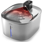 iPettie Runway cordless cat fountain front view in stainless steel, 1.1 gal capacity for convenient hydration.