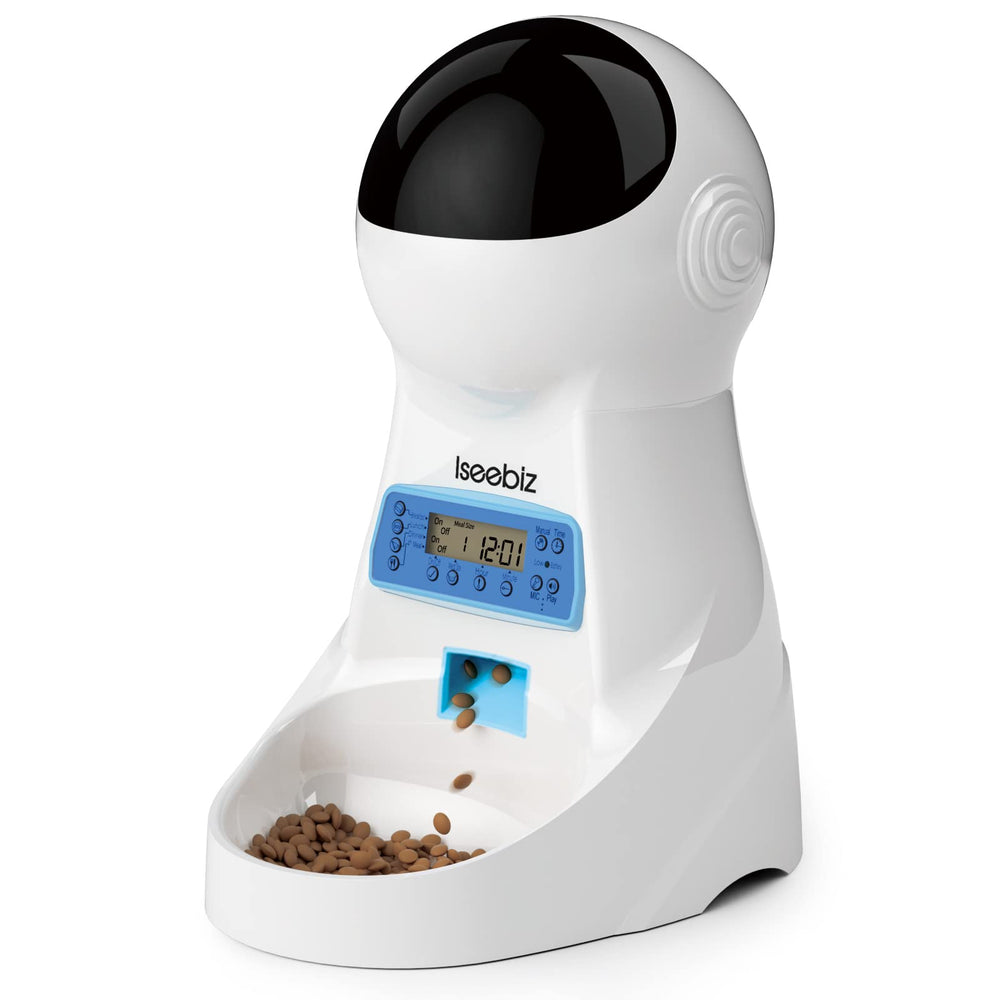 Iseebiz automatic-cat-feeder top view highlights anti-clog design for reliable feeding