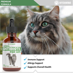iVitamins Natural Antibiotics for Cats liquid-form bottle emphasize organic, non-GMO ingredients and gentle relief.
