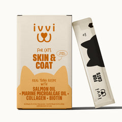 ivvi Skin & Coat for Cats packaging sachets shown, convenient daily feeding
