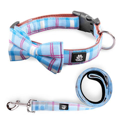 IVY&LANE bowtie collar close-up in checkered blue highlighting removable bowtie styling.