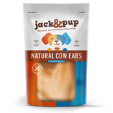 Jack&Pup Natural Cow Ears packaging image showing odor-free, protein-rich treats for dogs