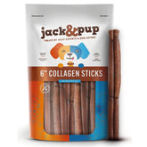 Jack&Pup beef collagen stick packaging highlights a rawhide-free chew for joints and teeth.