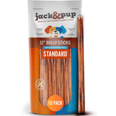 Jack&Pup 12in bully sticks packaging close-up highlights quality and freshness.