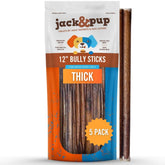 Jack&Pup 12-inch thick bully stick pack for large dogs provides long-lasting chew time.